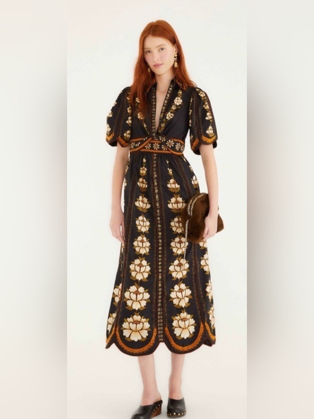 Farm Rio Black Floral Embroidered Midi Dress with Puff Sleeves XS NWT NEW